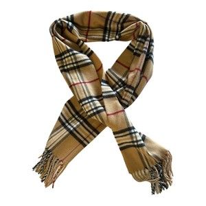 Cashmink by V Fraas Scarf Tan Black Plaid Scarf Fringe Soft Unisex 54” x 11”